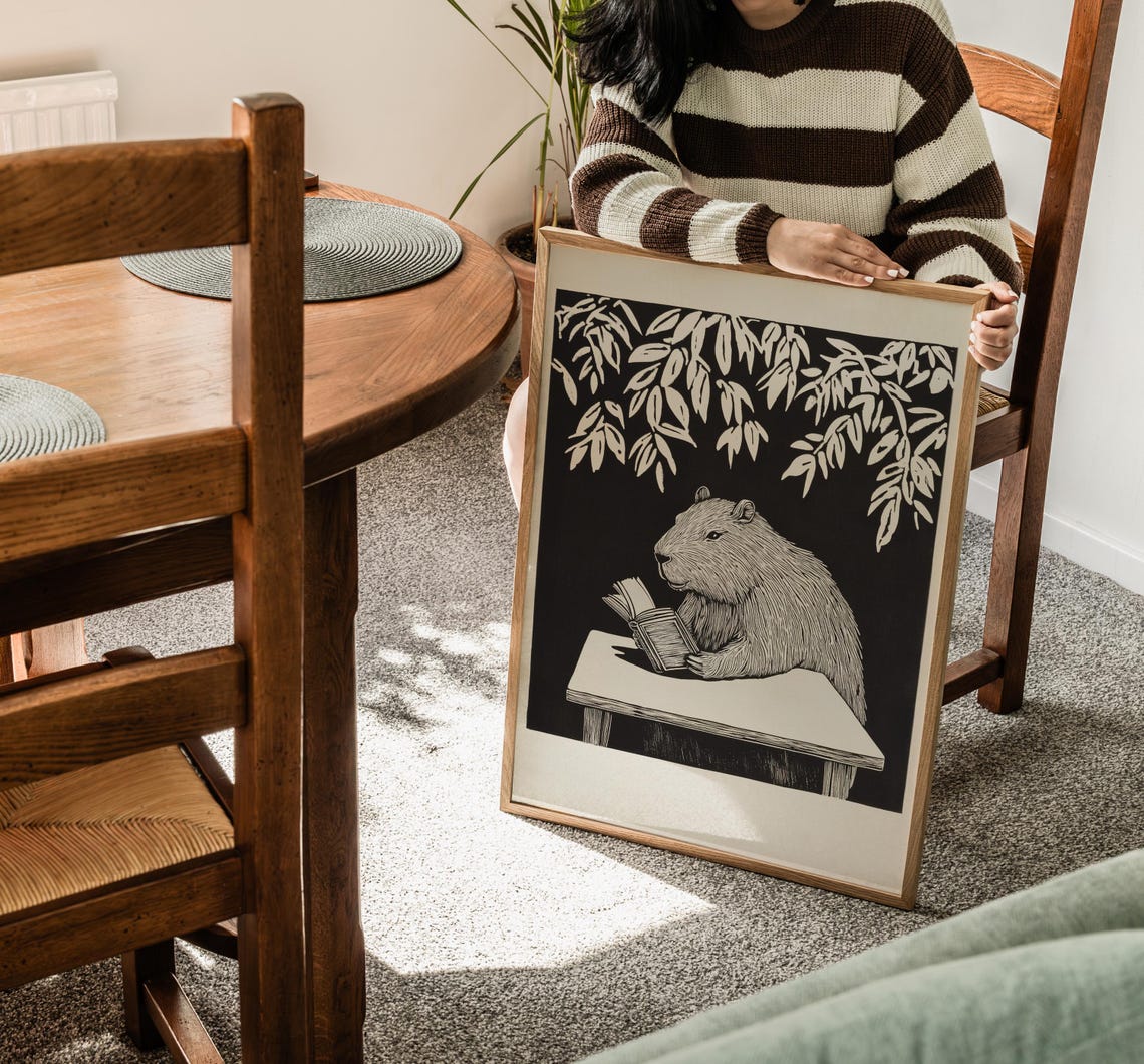 Capybara Reading Book Linocut Black White Botanical Bookish Poster - Image 3