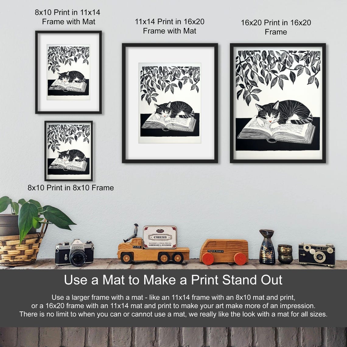 Sleeping Tabby Kitten on Open Book Black White Linocut Art Poster - Image 3