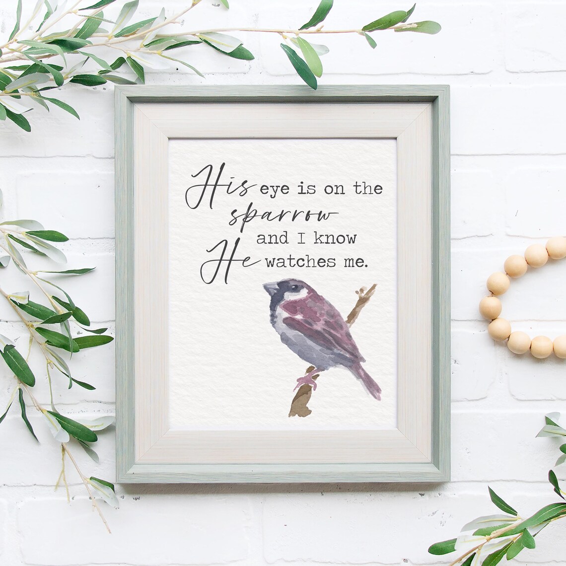 His Eye Is On The Sparrow Watercolor Bird Christian Hymn Wall Art - Image 3