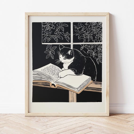 Cat Reading Book Art Print, Bookish Cat Poster