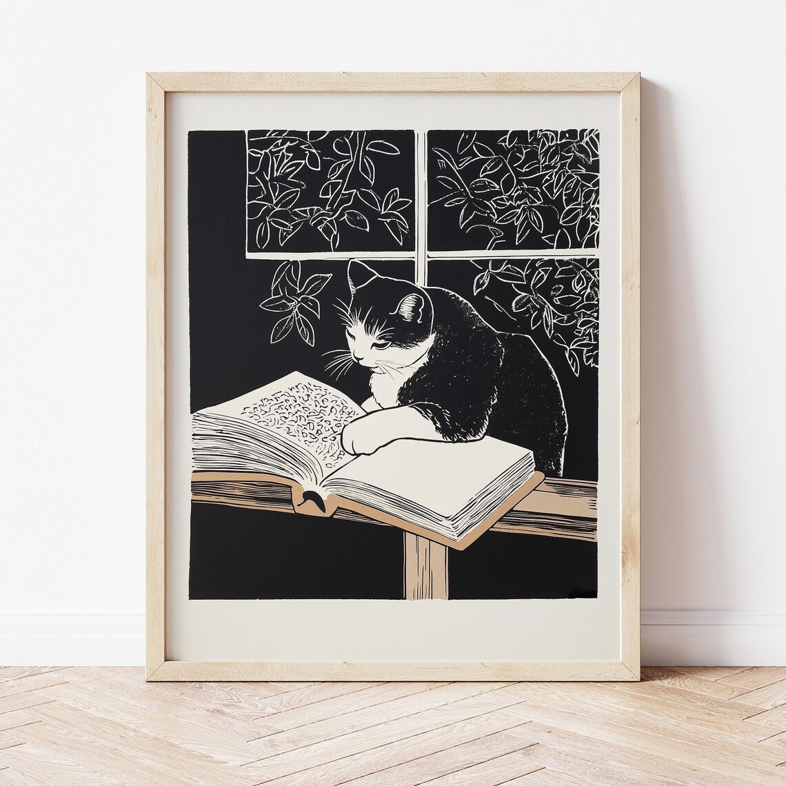 Cat Reading Book Art Print, Bookish Cat Poster