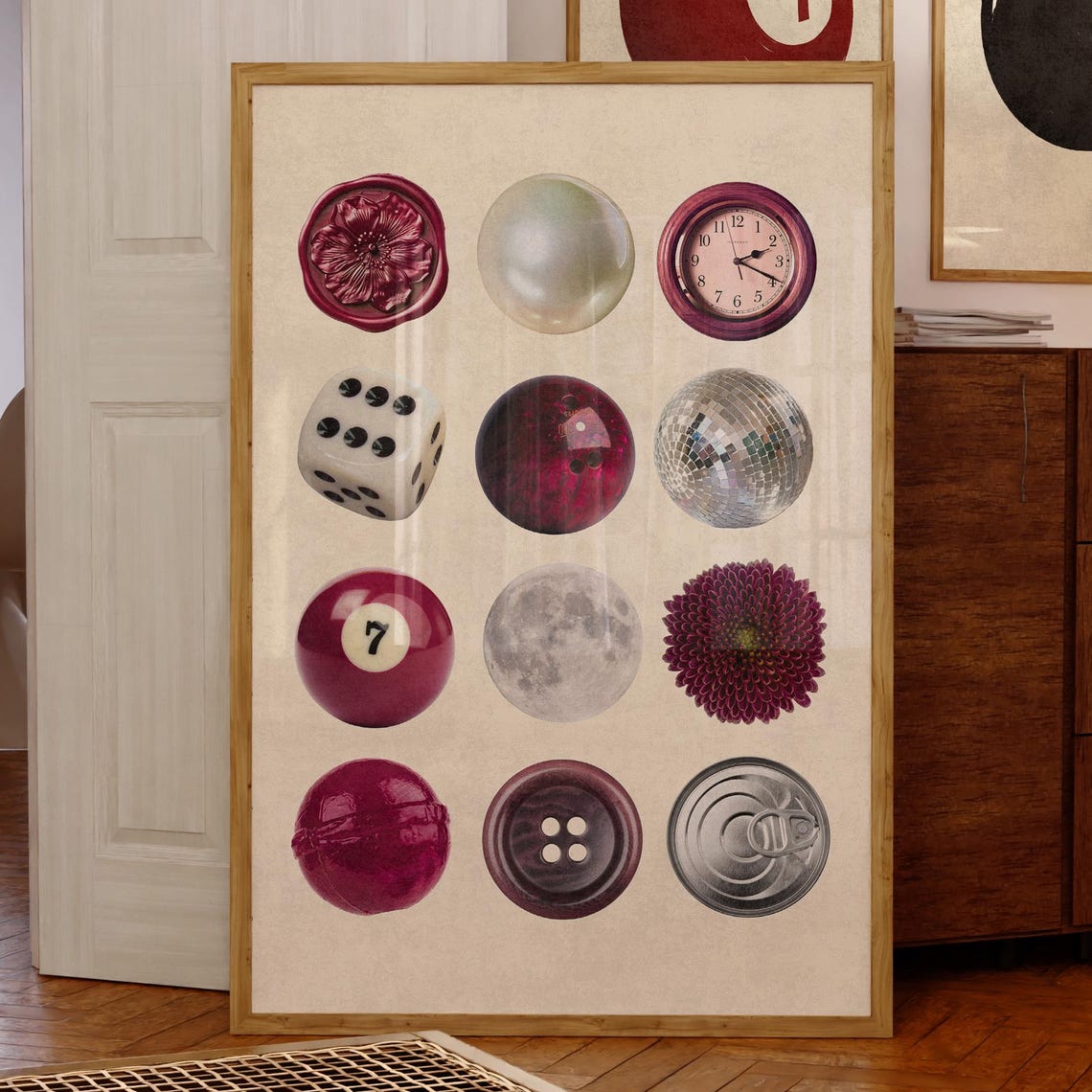 Red Retro Round Objects Collage Disco Ball Moon Clock Wall Art