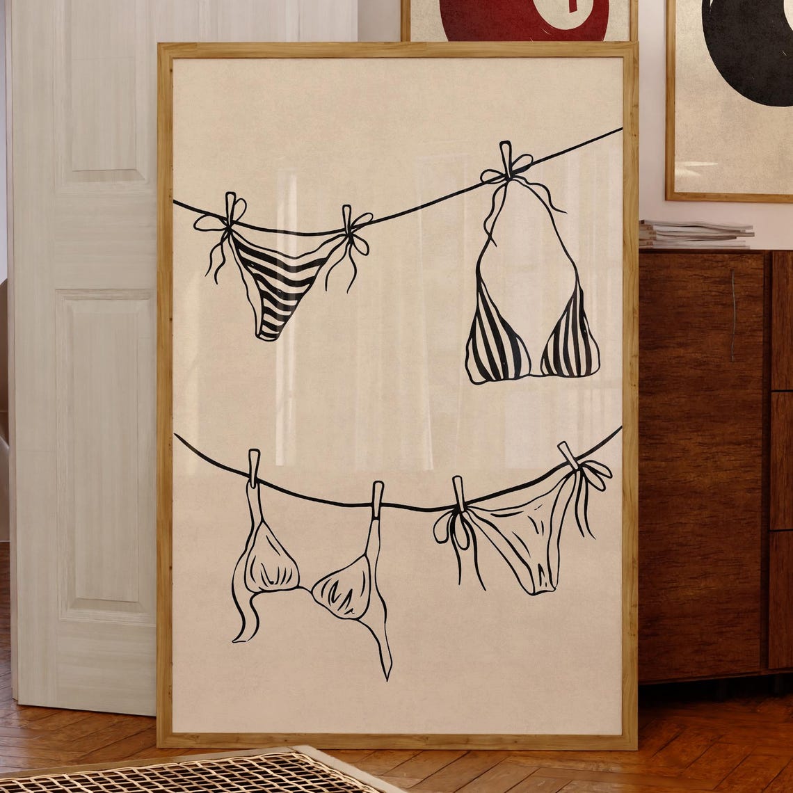 Minimal Swimsuit Line Art Bikini Clothesline Summer Wall Art