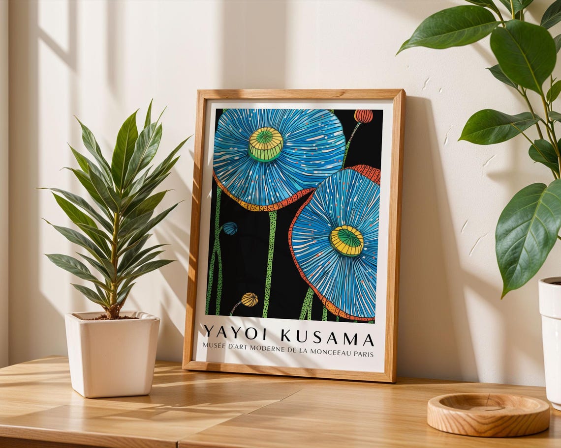 Yayoi Kusama Vivid Blue Poppy Flowers on Black Museum Poster - Image 6