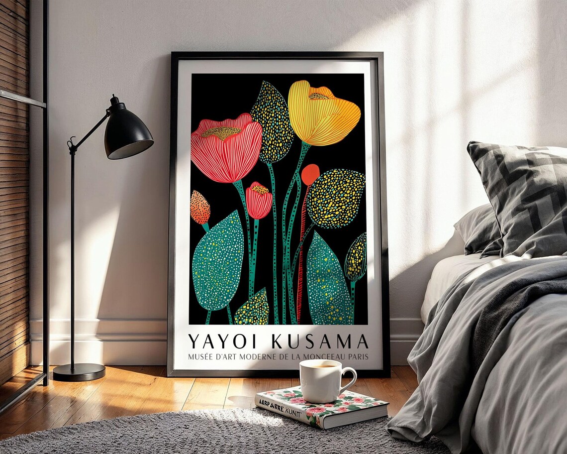 Yayoi Kusama Stylized Poppy Flowers on Black Dotted Museum Poster - Image 2
