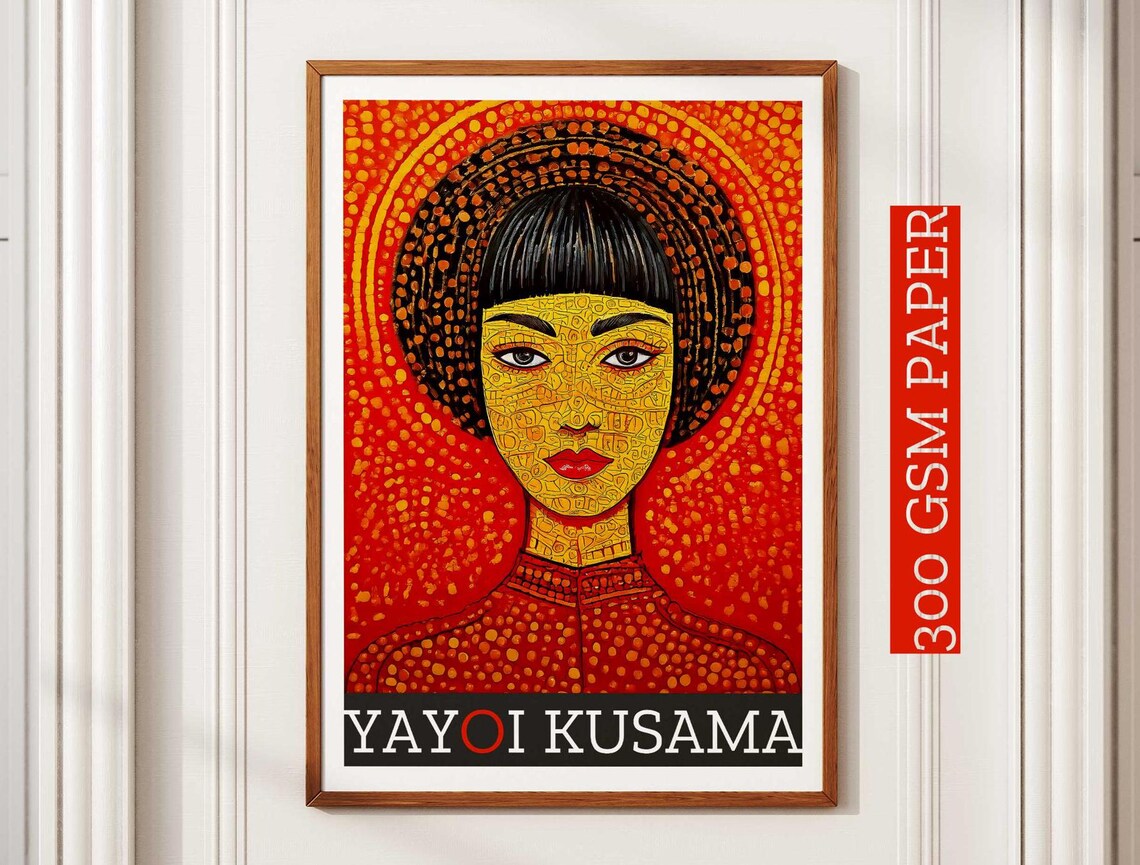 Yayoi Kusama Inspired Dotted Woman Portrait on Red Art Poster