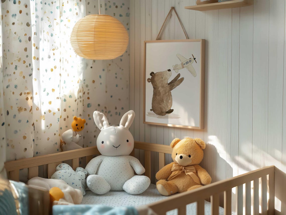 Bear Cub Reaching For Cream Toy Airplane Neutral Nursery Poster - Image 4