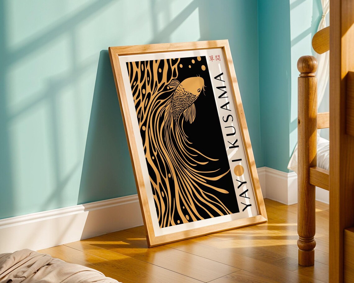 Golden Koi Fish With Long Flowing Fins Black And Gold Poster - Image 5