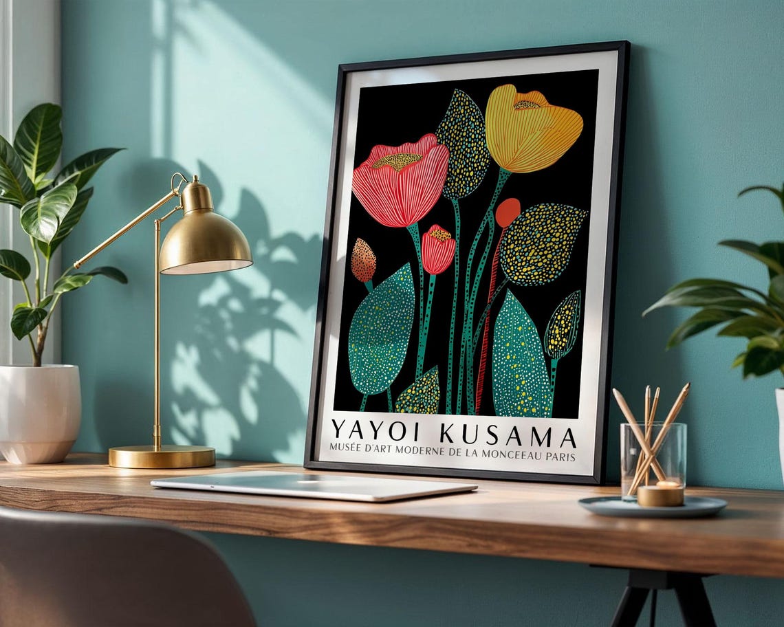 Yayoi Kusama Stylized Poppy Flowers on Black Dotted Museum Poster - Image 4