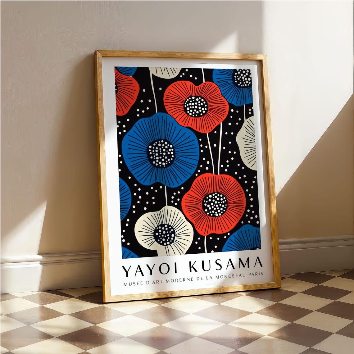 Yayoi Kusama Red and Blue Poppy Pattern on Black Museum Poster