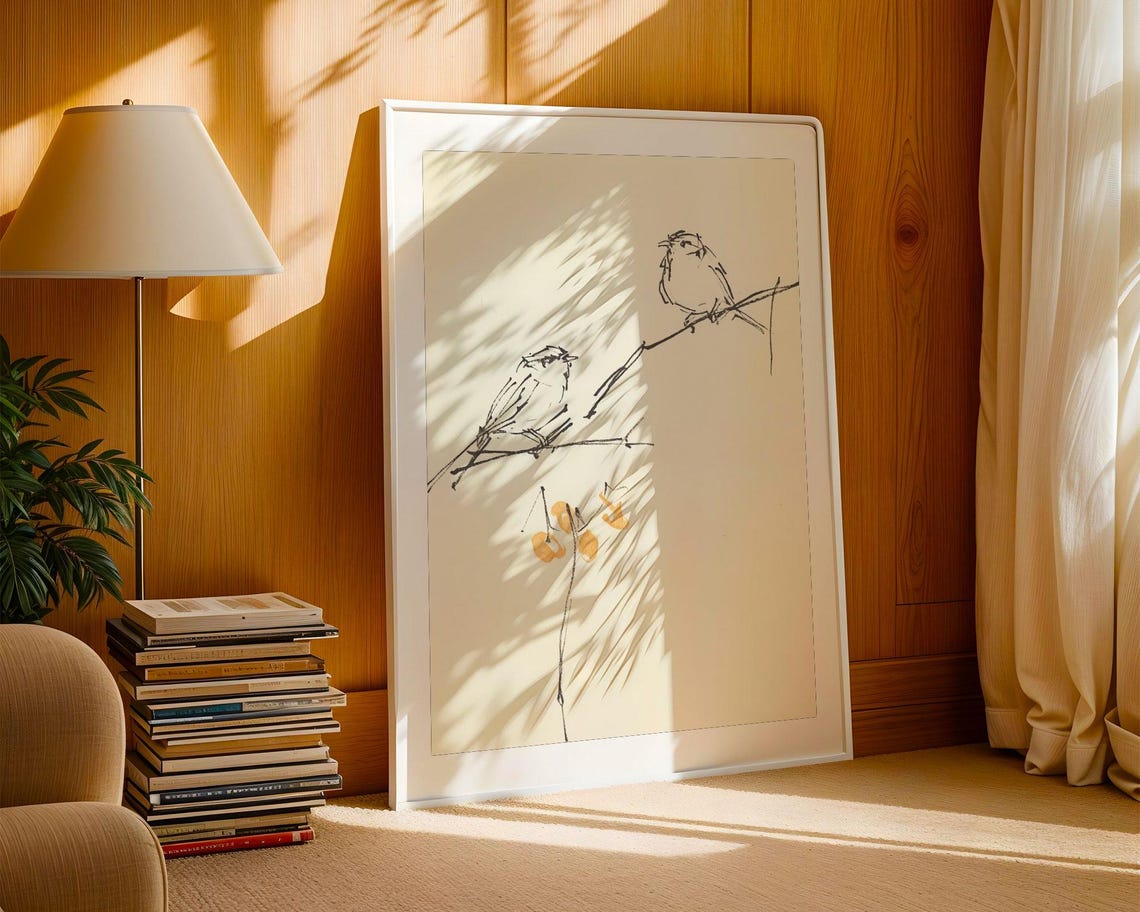 Minimalist Ink Sparrows On Bare Branch Japanese Style Poster - Image 3