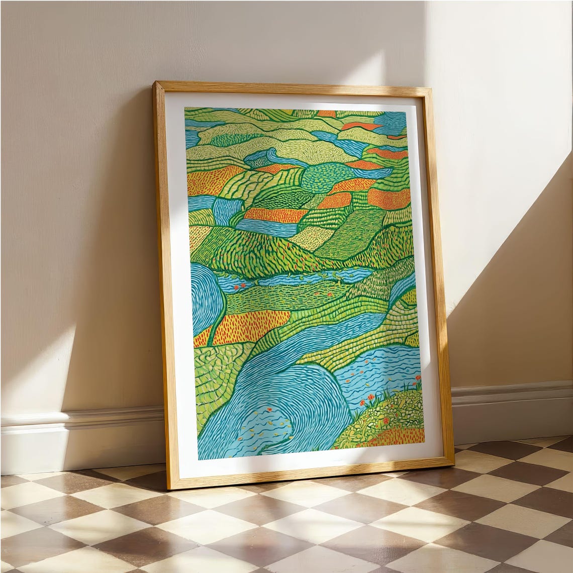 Abstract Green Blue And Orange Winding River Valley Nature Poster