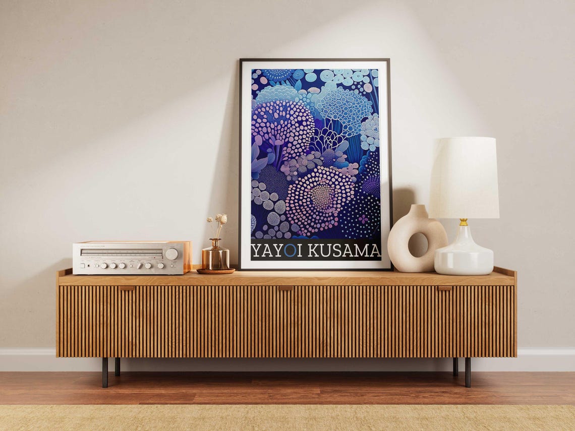 Yayoi Kusama Inspired Deep Blue Dotted Floral Abstract Poster - Image 5