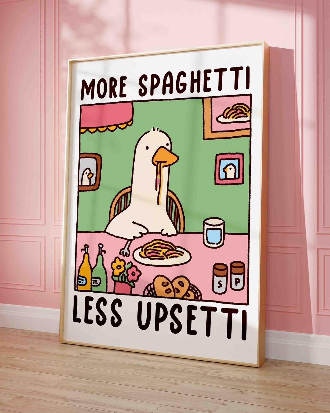 Goose Eating Spaghetti Retro Diner Art Print