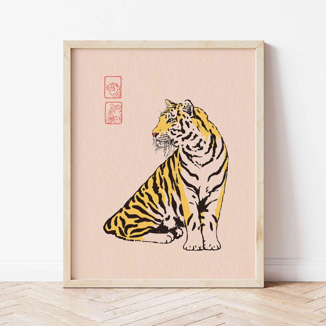 Golden Sitting Tiger Japanese Vintage Woodblock Style Animal Poster