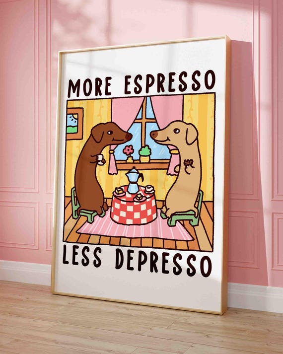 Doxie Drinking Coffee Print Cute Dogs In The Kitchen Retro Diner Poster Quirky Funny Wiener Dog Wall Decor Trendy Art