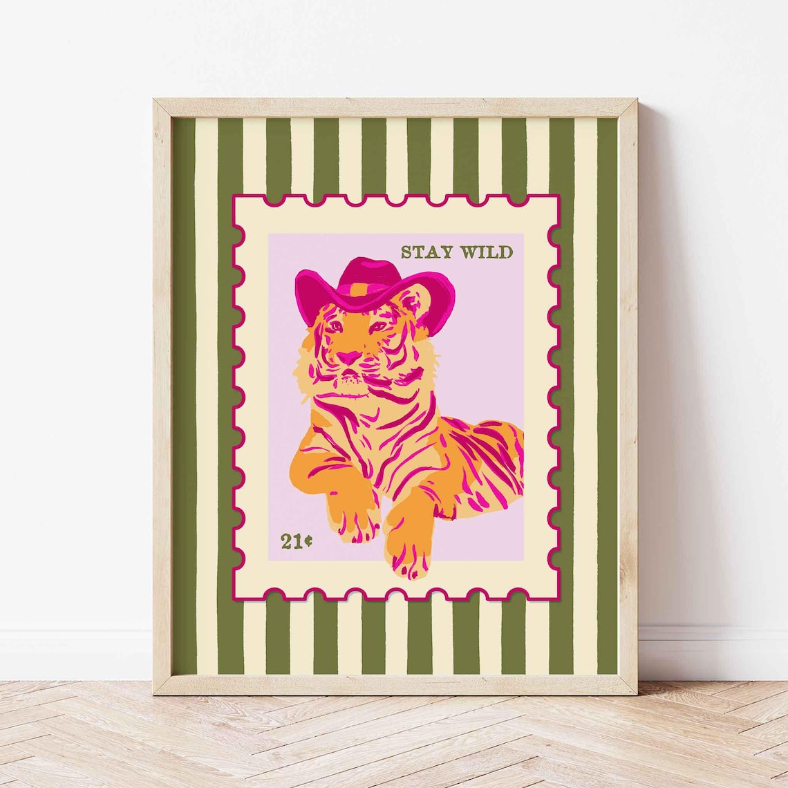 Stay Wild Tiger Cowboy Hat Stamp Print Orange Pink Funny Animal Pop Art