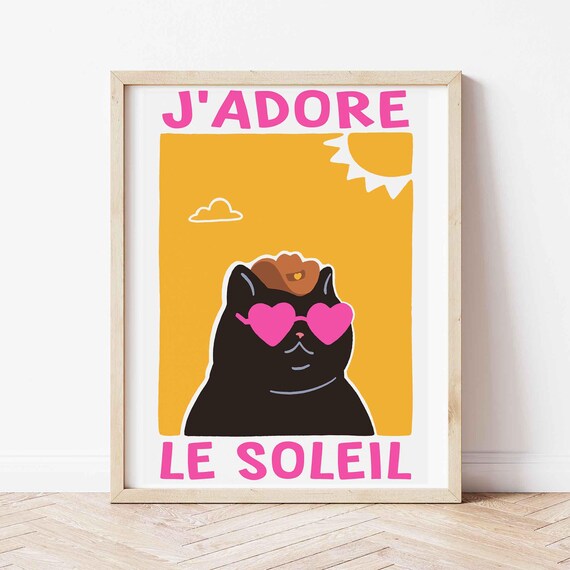 J Adore Le Soleil Black Cat Heart Sunglasses Summer French Poster