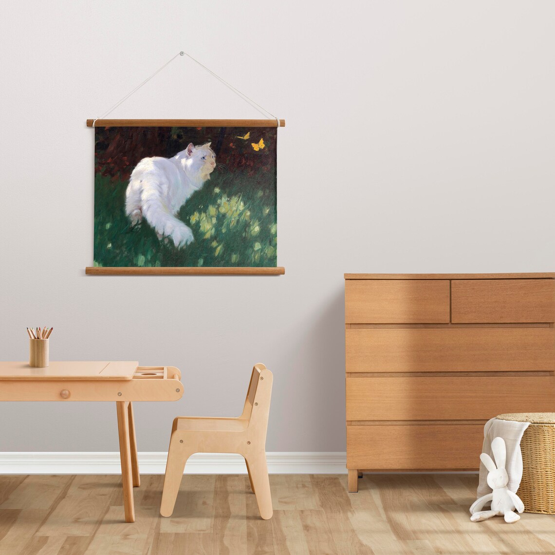 White Cat Watching Butterflies Vintage Oil Painting Animal Poster - Image 2
