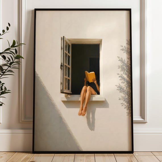 Minimalist Reading Window Print Book Lover Gift Wall Art Aesthetic Dopamine Decor Digital Download