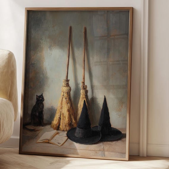 Vintage Witch Hat Broom Print Rustic Gothic Broomstick Wall Art Witches Cat Spell Book Halloween Dark Academia Decor Witchcore