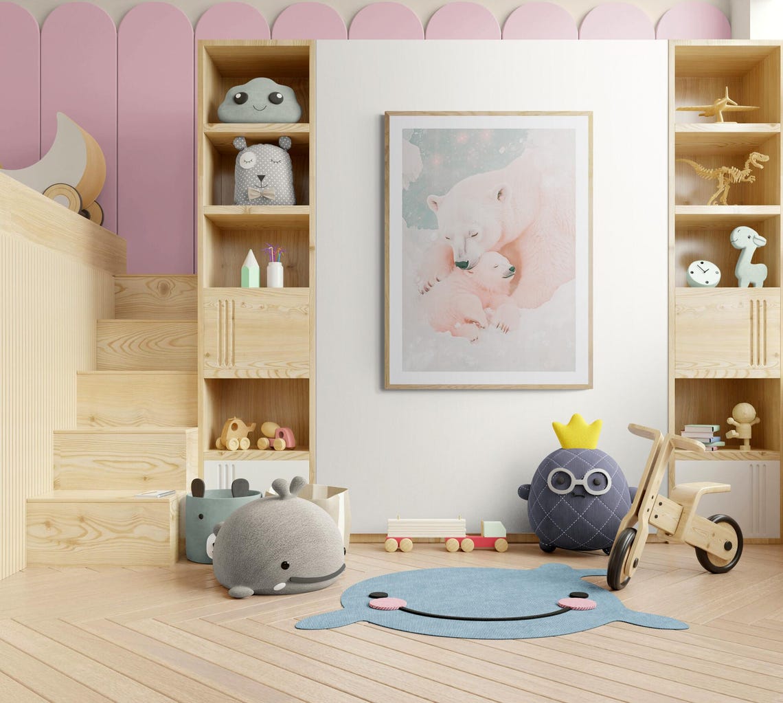 Polar Bear Mother And Baby Cozy Arctic Blush Nursery Wall Art Poster - Image 4