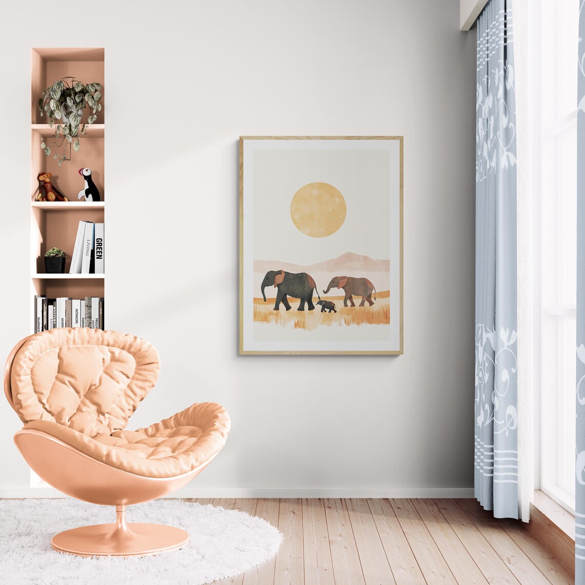 Elephant Dawn Stroll Boho Savanna Sunrise Minimalist Nursery Wall Art Print - Image 4