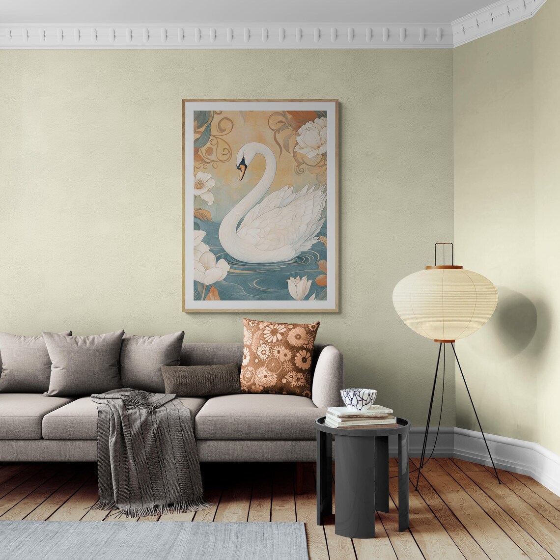 Art Nouveau White Swan On Blue Water Lotus Flowers Elegant Wall Art - Image 2