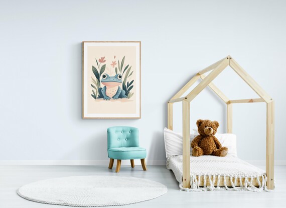 Cute Blue Frog Sitting Among Leaves Storybook Kids Room Wall Art Poster