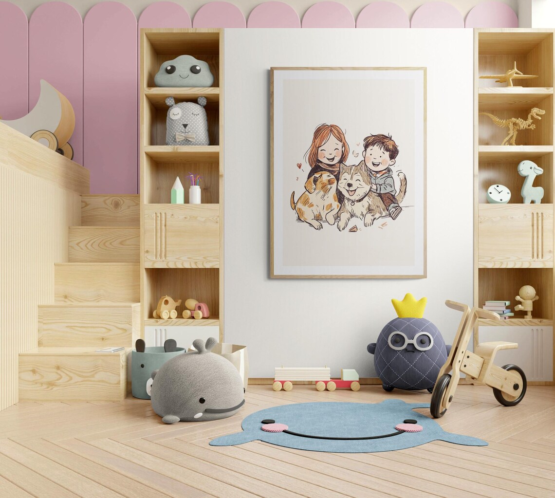 Happy Kids With Dogs Girl Boy Best Friends Cute Nursery Wall Art Poster - Image 4