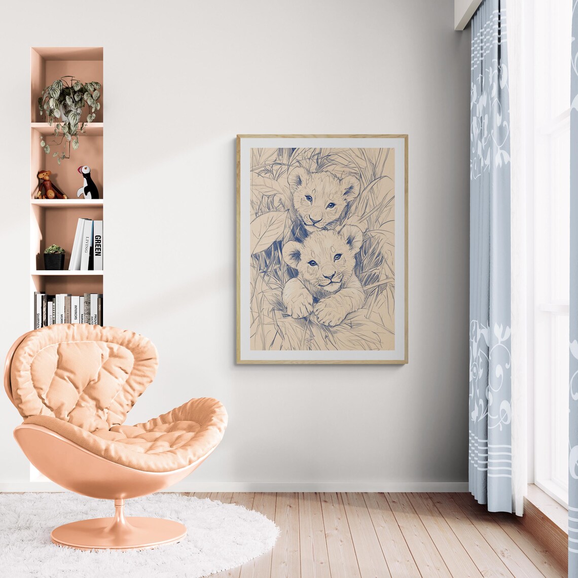 Two Lion Cubs Sketch Adorable Baby Lions Savanna Grass Nursery Wall Art Print - Image 4