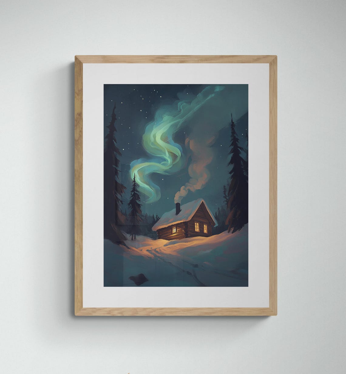Cozy Snowy Cabin Under Northern Lights Aurora Winter Night Art Poster