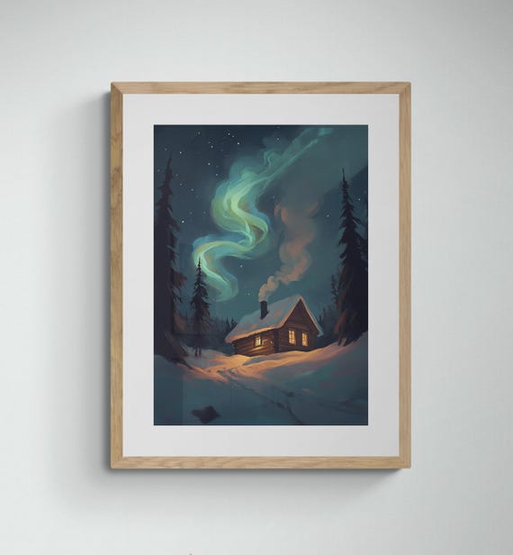 Cozy Cabin Under The Northern Lights Winter Wonderland Scandinavian Landscape Art Aurora Borealis Print