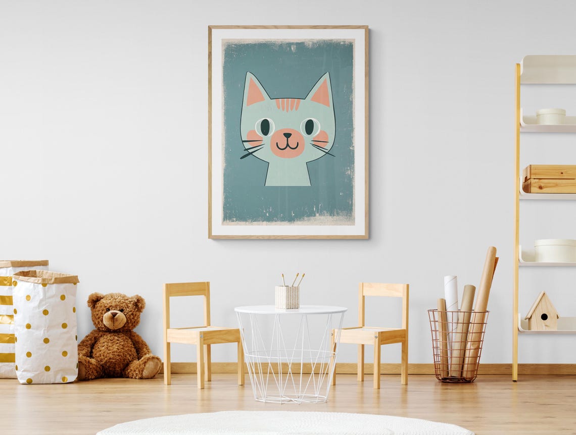 Smiling Cat Face Retro Mid Century Kids Room Nursery Wall Art Print - Image 4