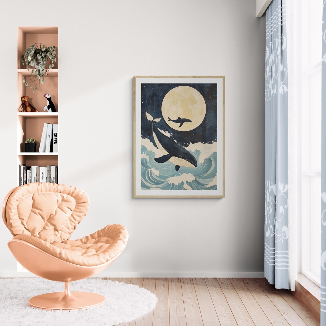 Moonlight Whales Mother Baby Full Moon Ocean Waves Nursery Wall Art Poster - Image 4