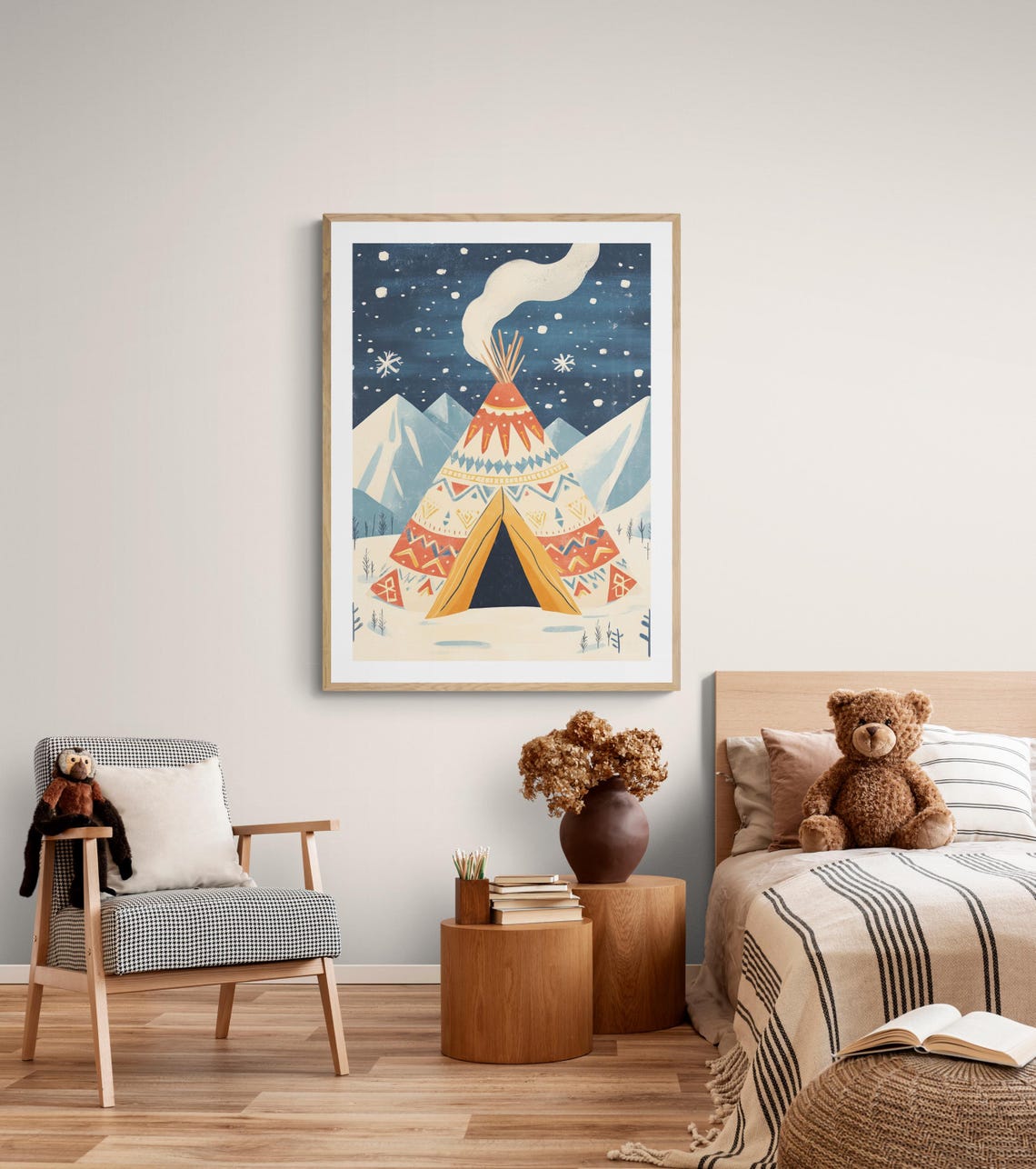 Sami Lavvu Nordic Winter Tent Snowy Mountains Night Sky Art Poster