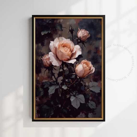 Moody Vintage Flower Print Dark Floral Still Life Oil Painting Dark Academia Wall Art Antique Art Ugofi4
