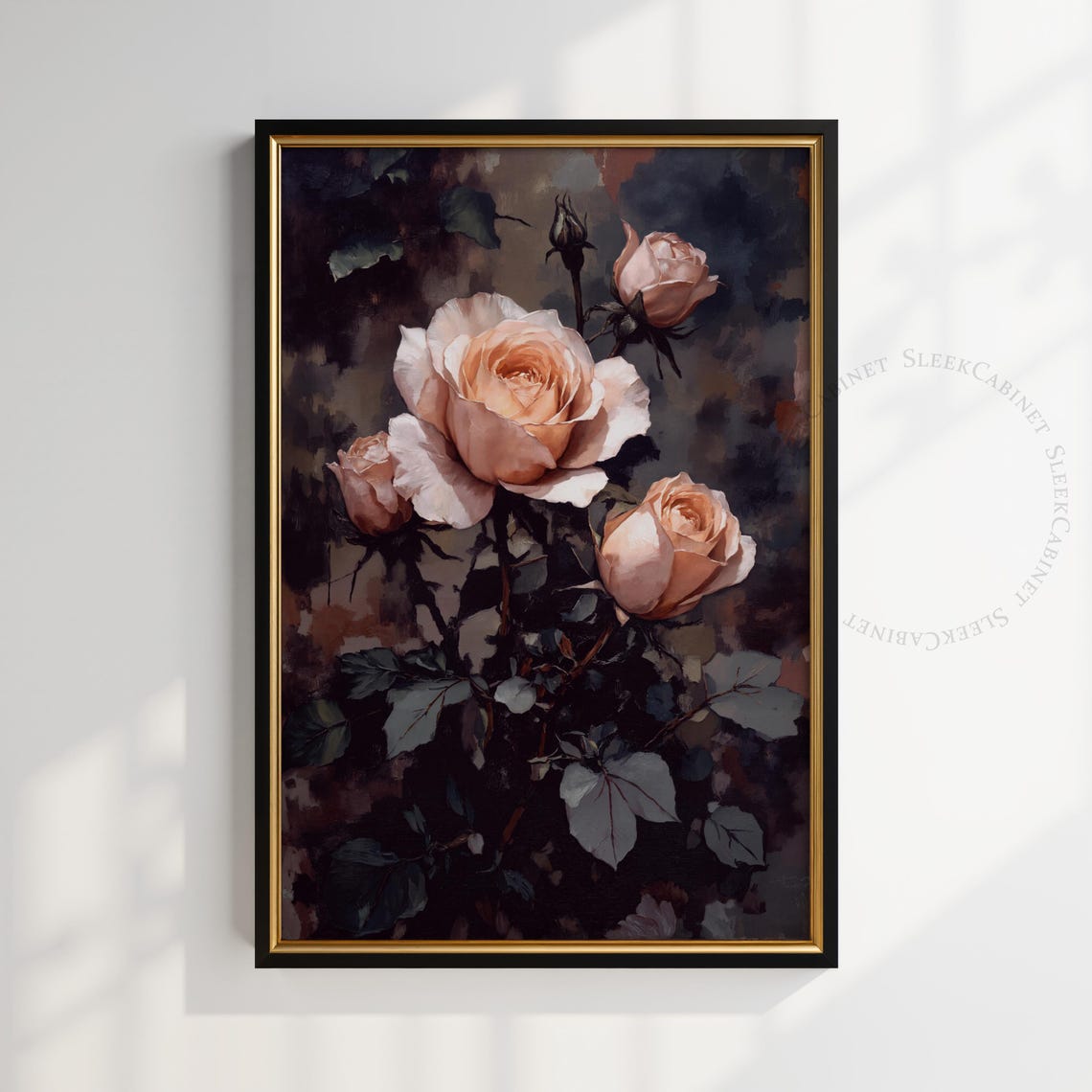 Peach Roses and Buds in Shadow Vintage Moody Floral Wall Art