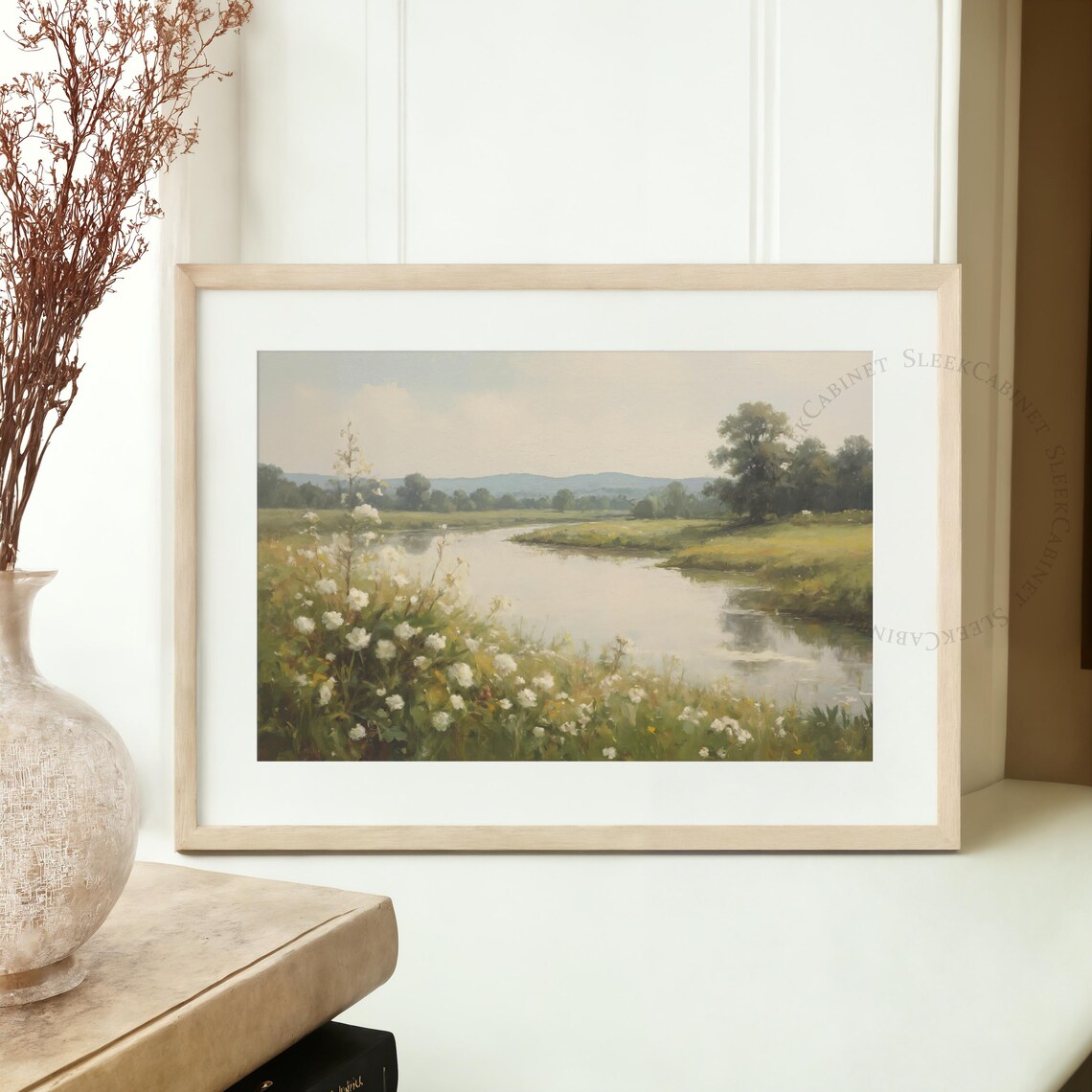 Riverside Wildflowers White Blossoms Pastoral Meadow Art Poster - Image 2
