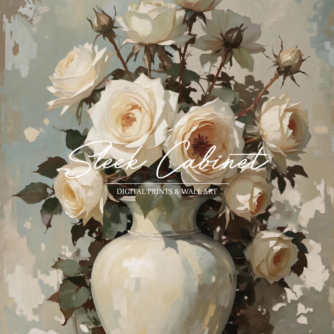 White Roses in Vase Soft Impressionist Floral Still Life Poster - Image 4