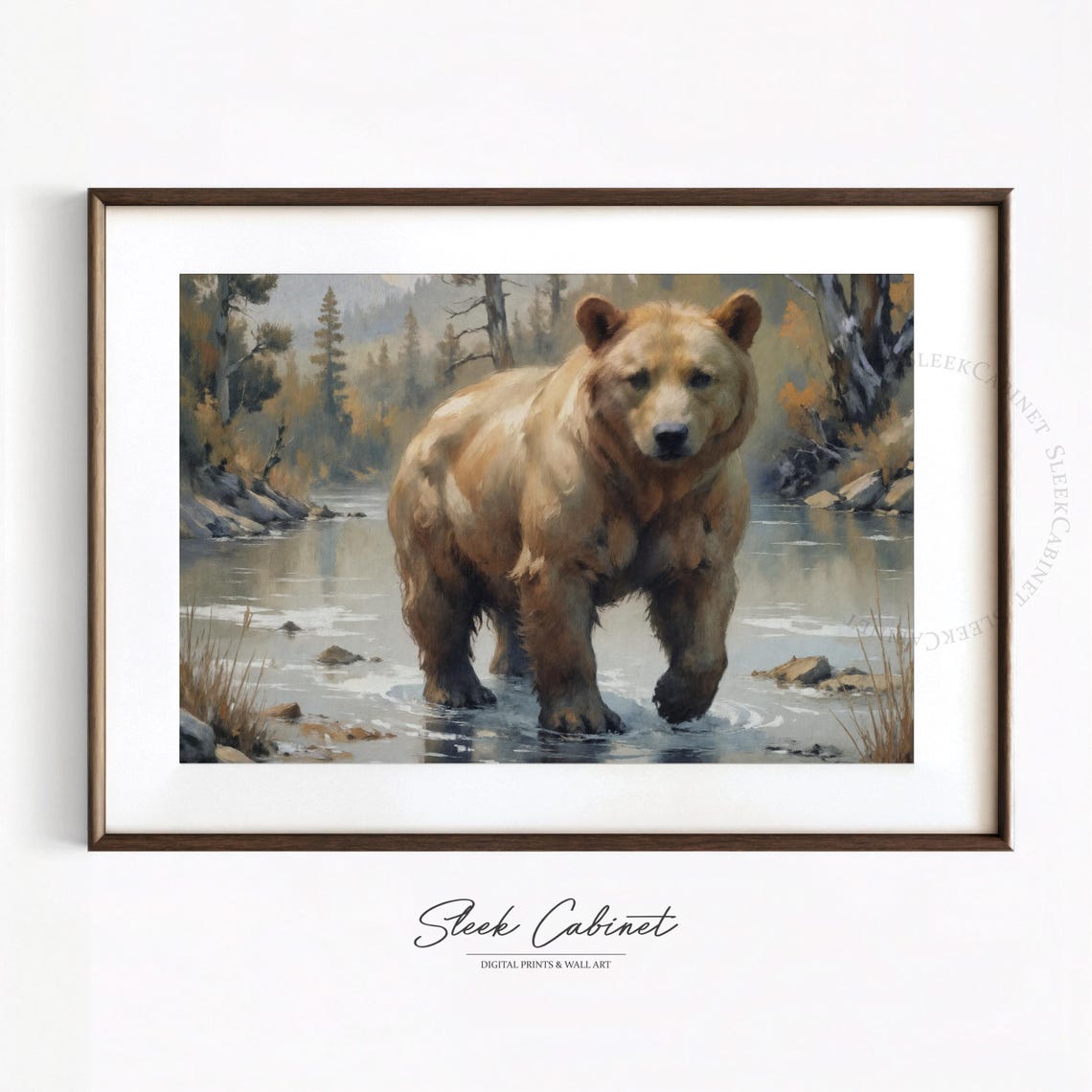 Brown Bear Wading River Misty Forest Vintage Wildlife Art Poster - Image 2