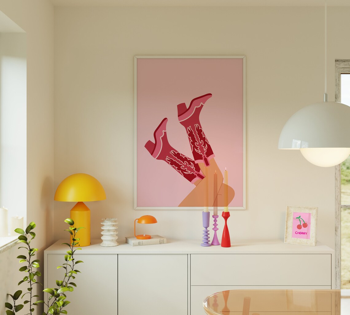 Pink Cowgirl Boots Crossed Legs Western Preppy Style Art Print - Image 3