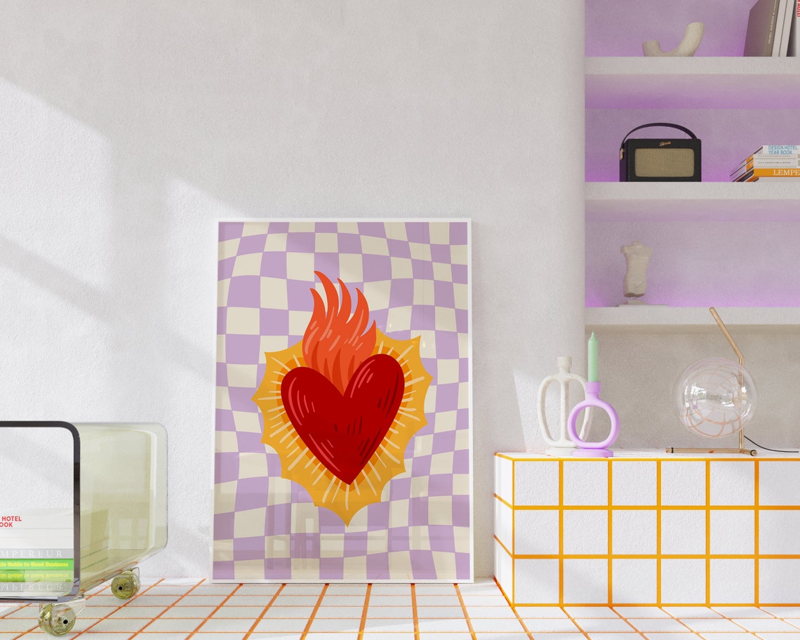 Flaming Sacred Heart On Purple Checkerboard Boho Style Art Print - Image 5