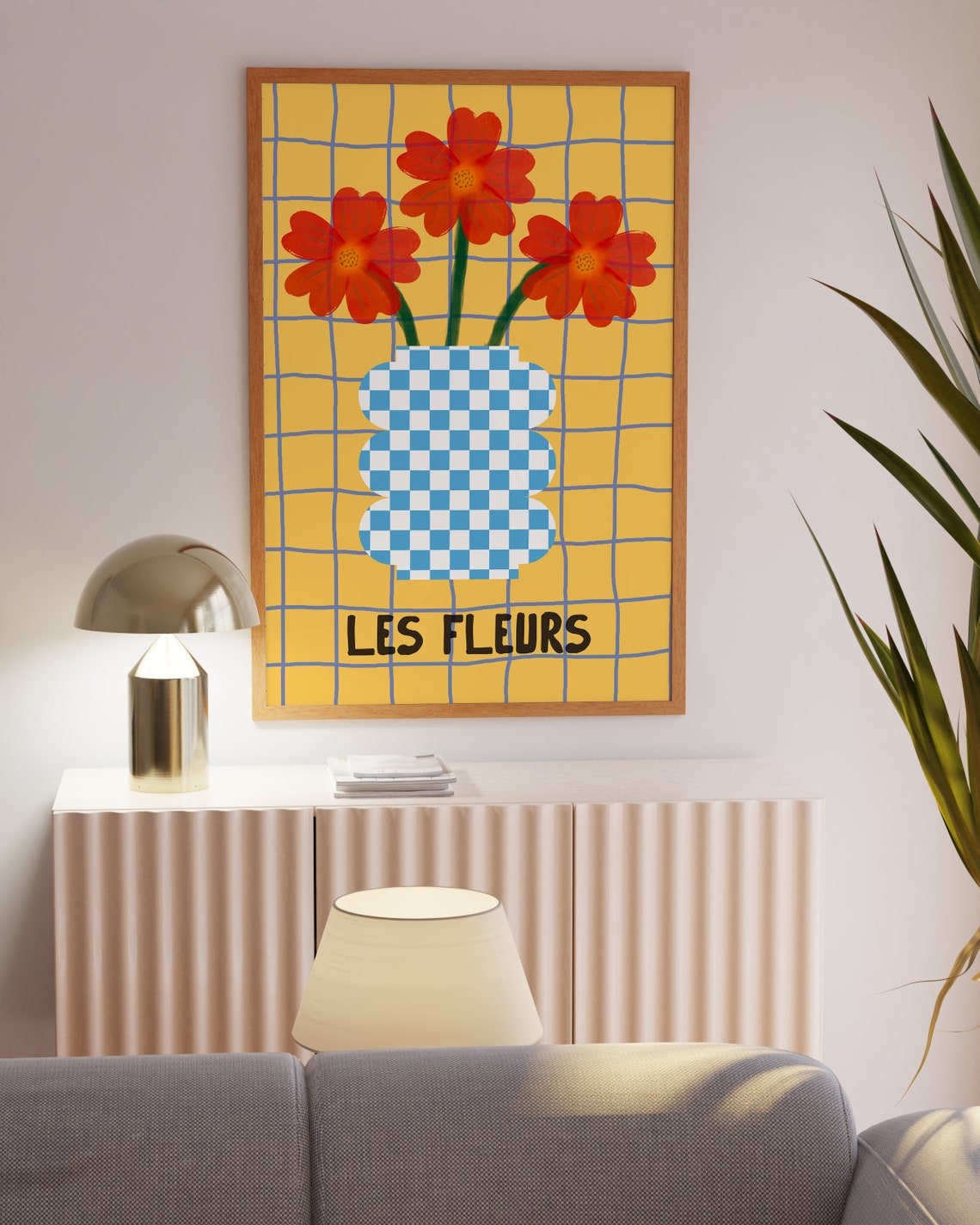 Les Fleurs Red Flowers in Checkered Vase on Yellow Grid Poster - Image 2