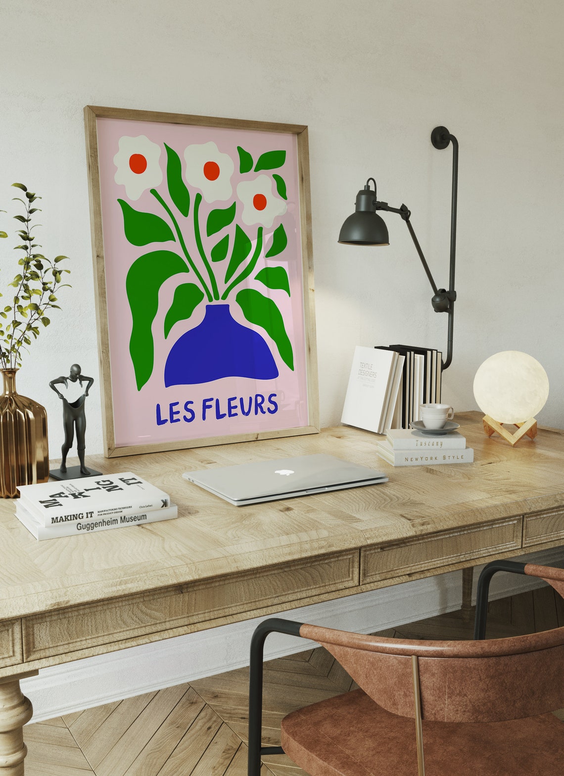 Les Fleurs Bold Modern Floral Bouquet in Blue Vase Pink Print - Image 2