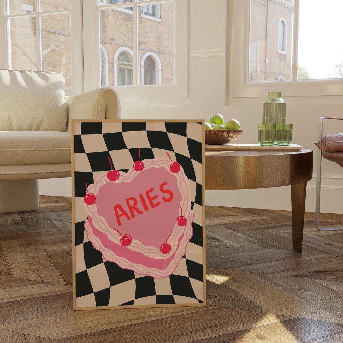 Aries Pink Heart Cake Cherry On Black Checkerboard Zodiac Poster - Image 6