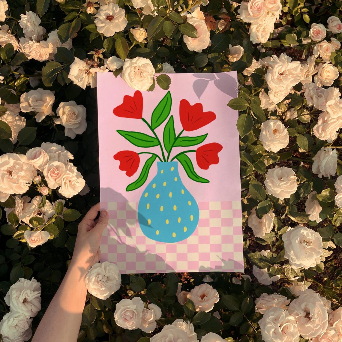 Red Tulips in Blue Polka Dot Vase Pink Checkerboard Floral Poster - Image 3
