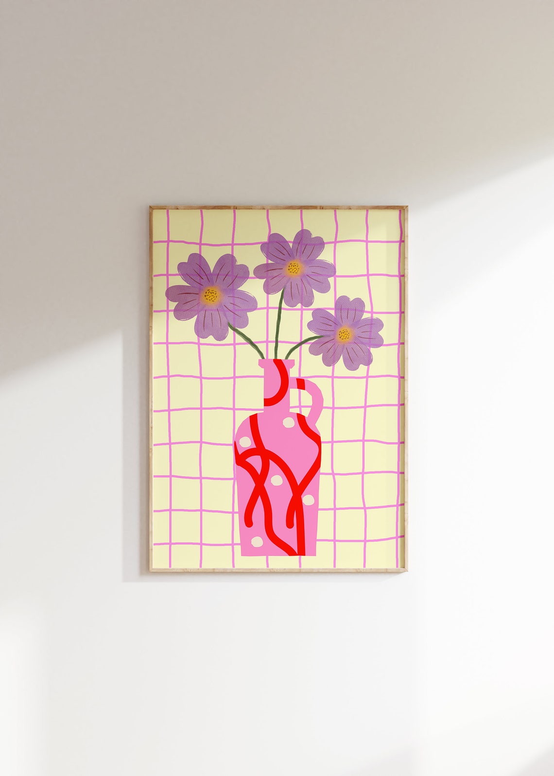 Purple Cosmos Flowers in Pink Patterned Jug on Pastel Grid Poster