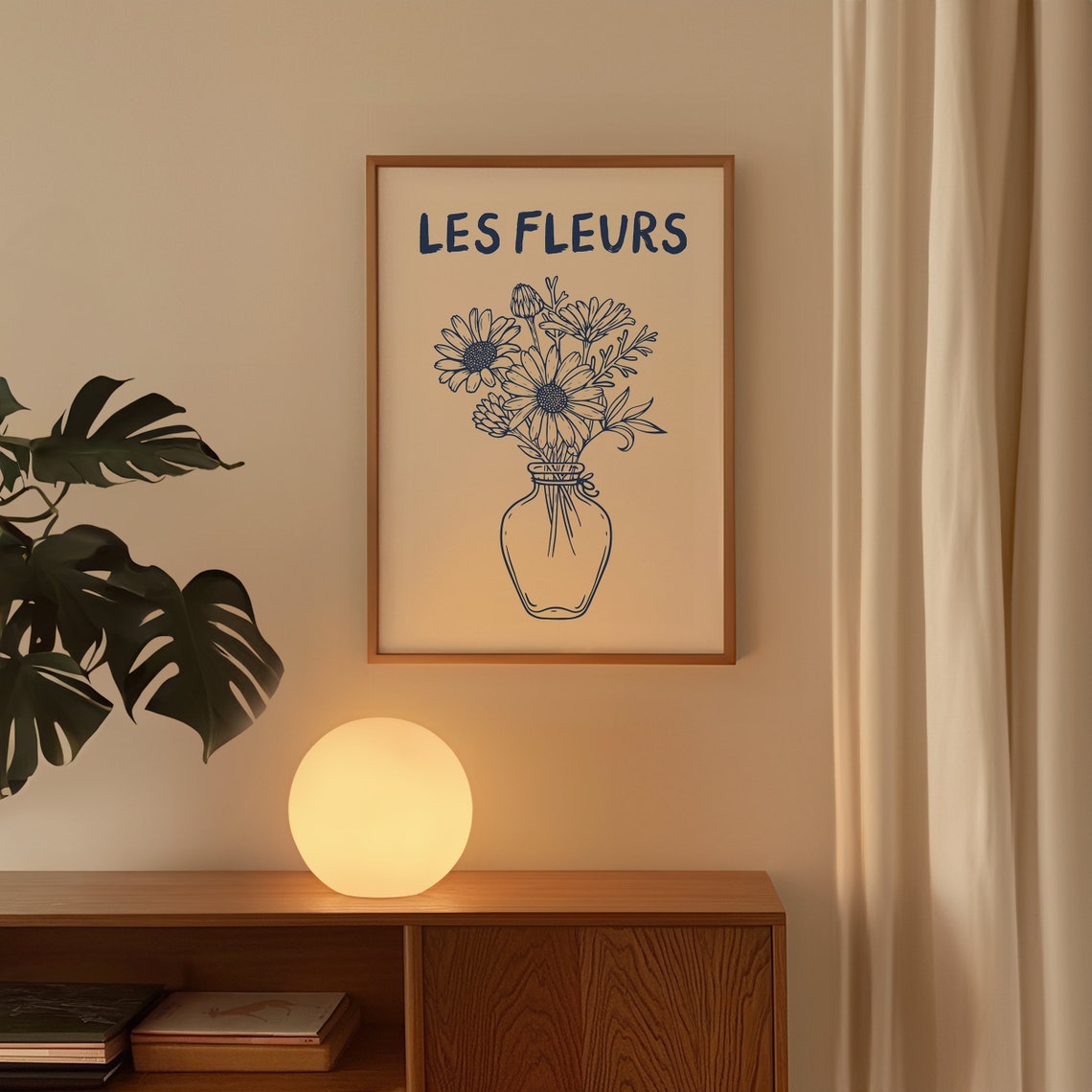 Les Fleurs Navy Daisy Bouquet in Small Glass Vase Line Art Poster - Image 4