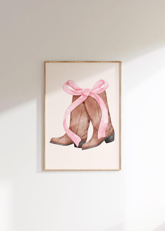 Trendy Cowboy Boots Art Print Preppy Poster College Apartment Decor Watercolor Bows Print Coquette Room Decor Trendy Wall Art